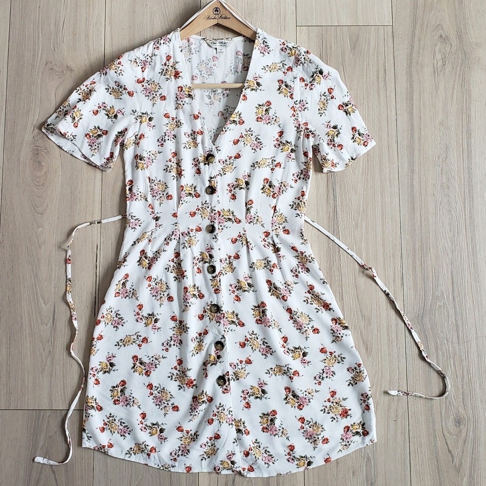 Miss Selfridge Dress Womens 34 White Floral Button Front Cottagecore Summer Mini